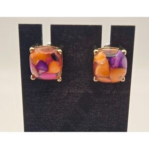 Square Cabachon Art Glass Orange Pink Purple Stud Pierced Earrings Gold Tone
